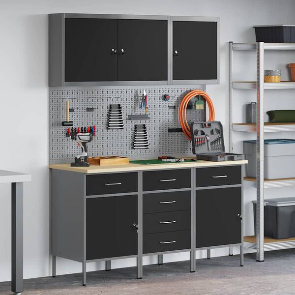 vidaXL Work Cabinet with Drawer 8 pcs Black Engineered Wood and Steel