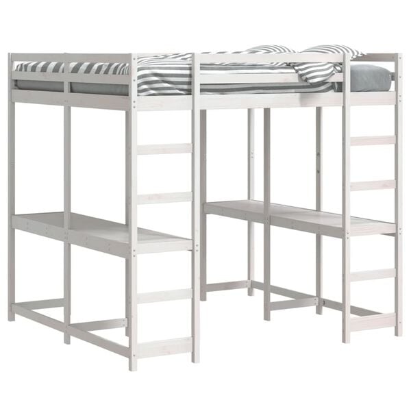vidaXL Loft Bed with Desk and Ladder White 180x200 cm Super King Solid Wood Pine