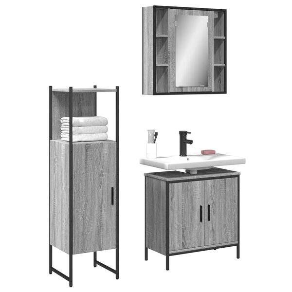 vidaXL 3 Piece Bathroom Cabinet Set Grey Sonoma Engineered Wood