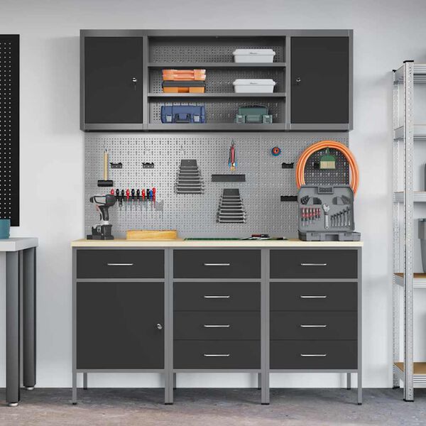 vidaXL Work Cabinet with Drawer 7 pcs Black Engineered Wood and Steel