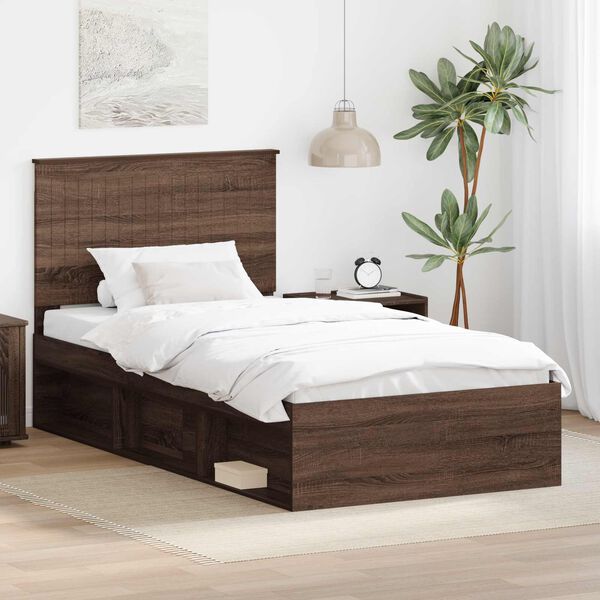 vidaXL Bed Frame with Headboard Brown Oak 100 x 200 cm Solid Pine Wood