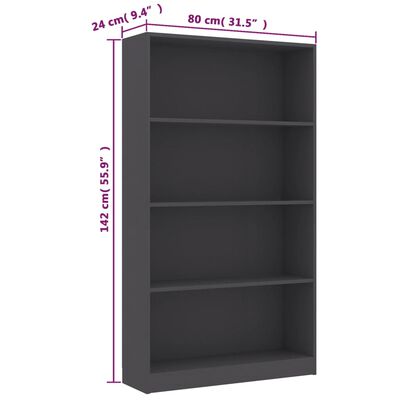 vidaXL 4-Tier Book Cabinet Grey 80x24x142 cm Engineered Wood