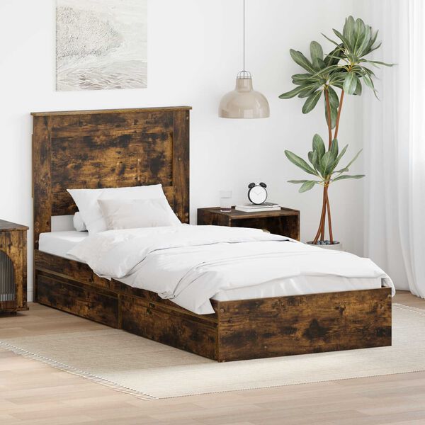 vidaXL Storage Bed with Drawer Smoked Oak 90 x 200 cm Engineered Wood