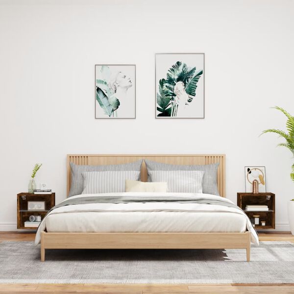 vidaXL Bedside Cabinets with LED Lights Wall-mounted 2 pcs Smoked Oak