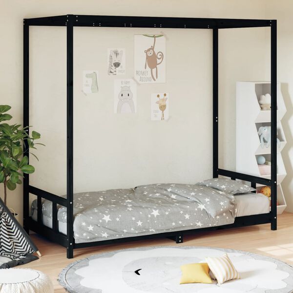vidaXL Kids Bed Frame Black 90x200 cm Solid Wood Pine