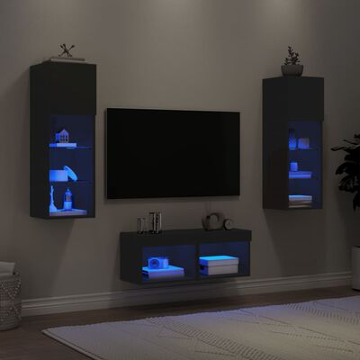 vidaXL 4 Piece TV Wall Cabinets with LED Lights Black