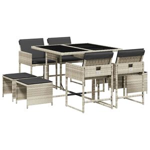 vidaXL 9 Piece Garden Dining Set with Cushions Light Grey Poly Rattan