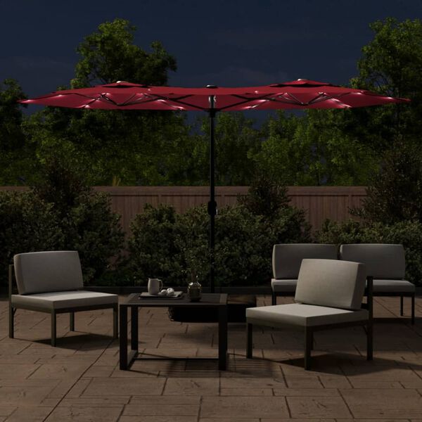 vidaXL Double-Head Garden Parasol with LEDs Bordeaux Red 316x145 cm