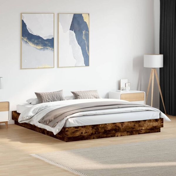 vidaXL Bed Frame with LED without Mattress Smoked Oak 180x200 cm Super King
