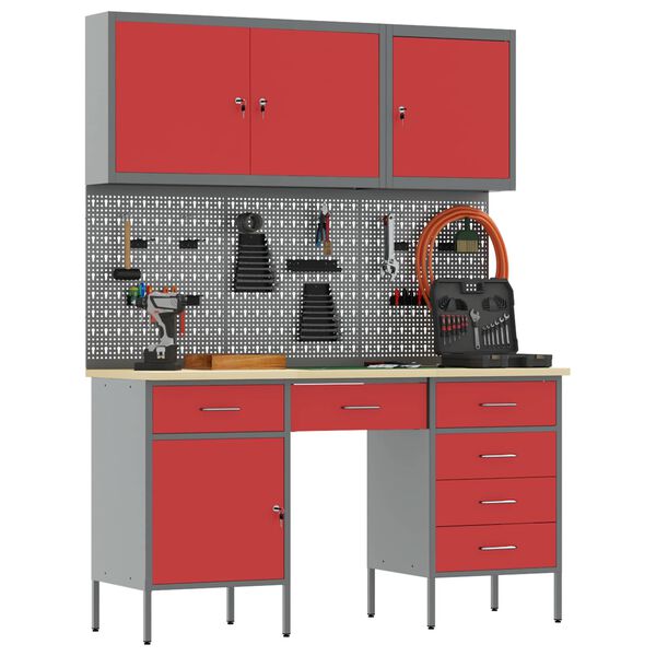 vidaXL Work Cabinet with Drawer 8 pcs Red Engineered Wood and Steel