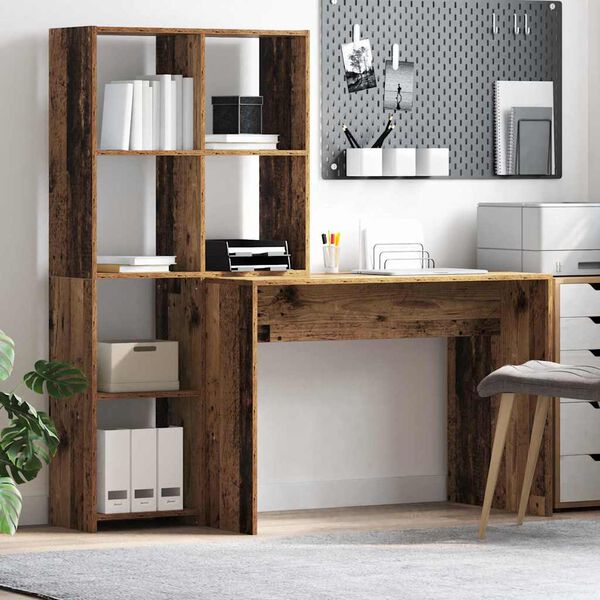 vidaXL Desk with Shelf Old Wood 138.5 x 55 x 143 cm Engineered Wood