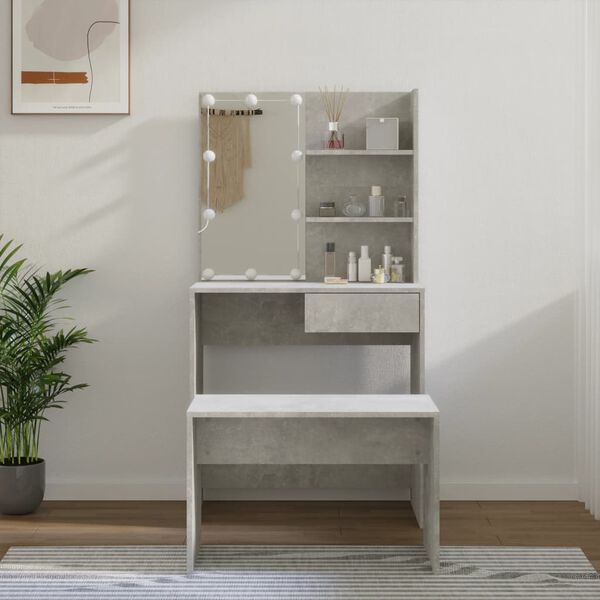 vidaXL Dressing Table Set with LED Concrete Grey Engineered Wood