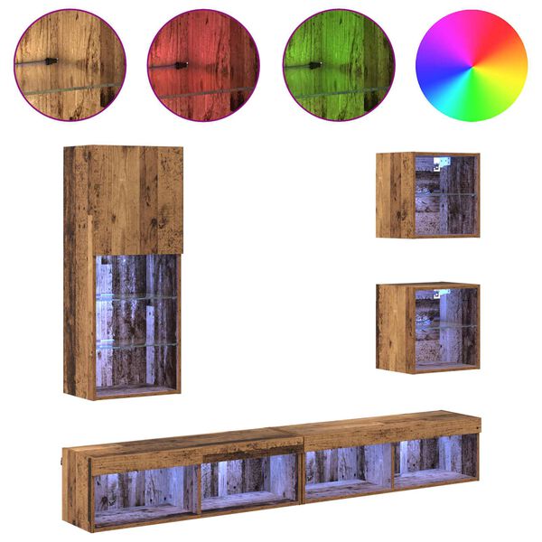 vidaXL TV Wall Units with LED 5 pcs Old Wood Engineered Wood