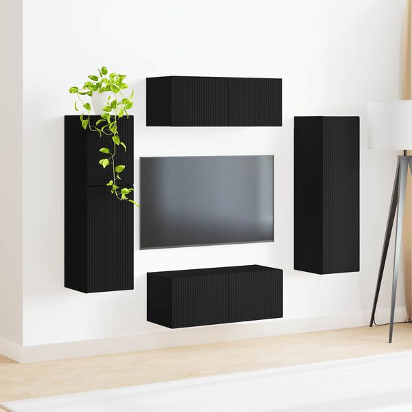 vidaXL TV Cabinet Set Wall-mounted 4 pcs Black Engineered Wood