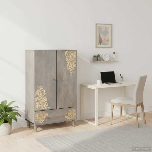 vidaXL Highboard Grey and Gold 60 x 33 x 100 cm Solid Mango Wood