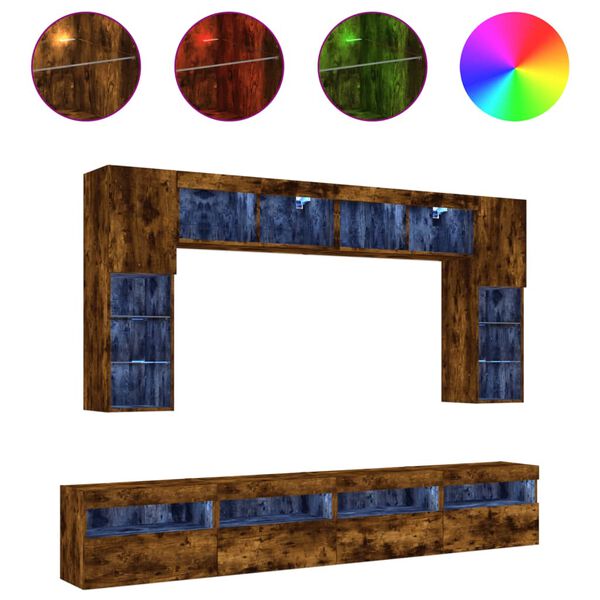 vidaXL 8 Piece TV Wall Cabinet Set with LED Lights Smoked Oak