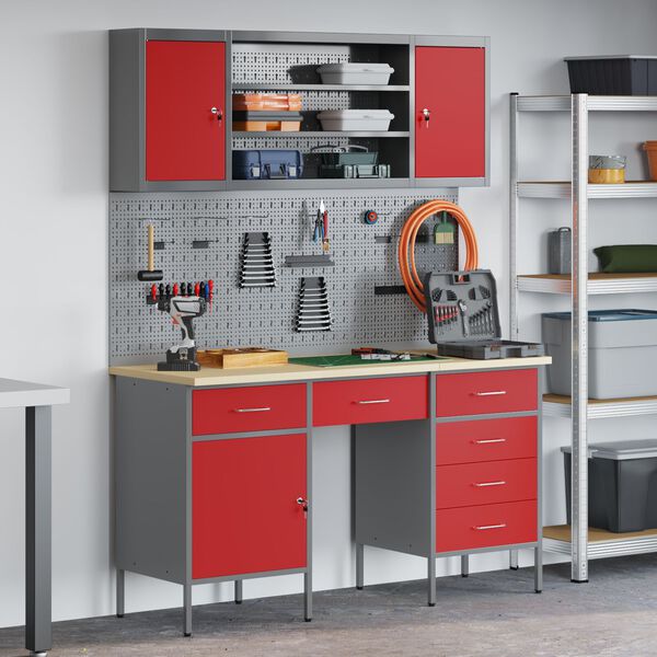 vidaXL Work Cabinet with Drawer with Lock 7 pcs Red 150 x 55 x 200 cm
