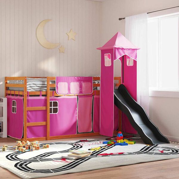 vidaXL Bunk Bed without Mattress with Slide and Curtains Pink 90x200 cm