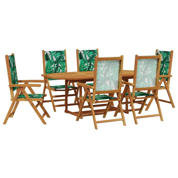 vidaXL 7 Piece Garden Dining Set Leaf Pattern Fabric and Solid Wood