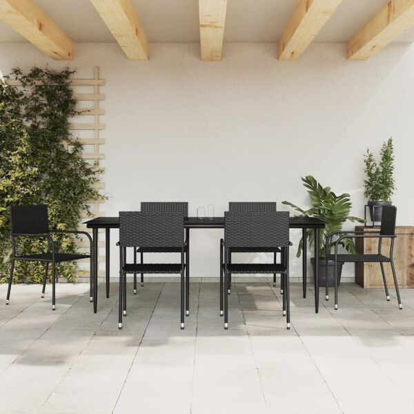 vidaXL 7 Piece Garden Dining Set Black Poly Rattan and Steel
