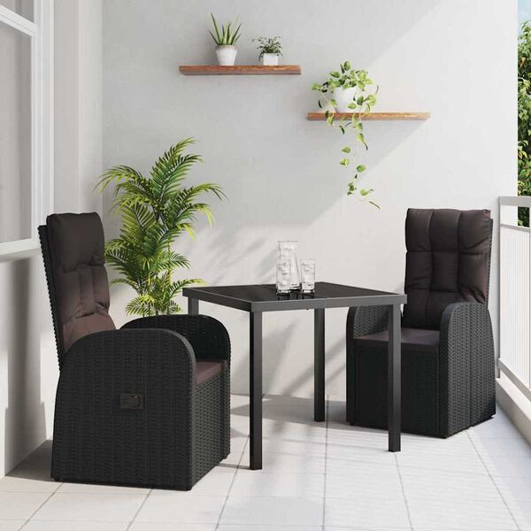 vidaXL Garden Dining Set with Cushion 3 pcs Black Poly Rattan