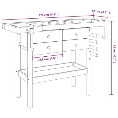 vidaXL Workbench with Drawers and Vices 124x52x83 cm Solid Wood Acacia