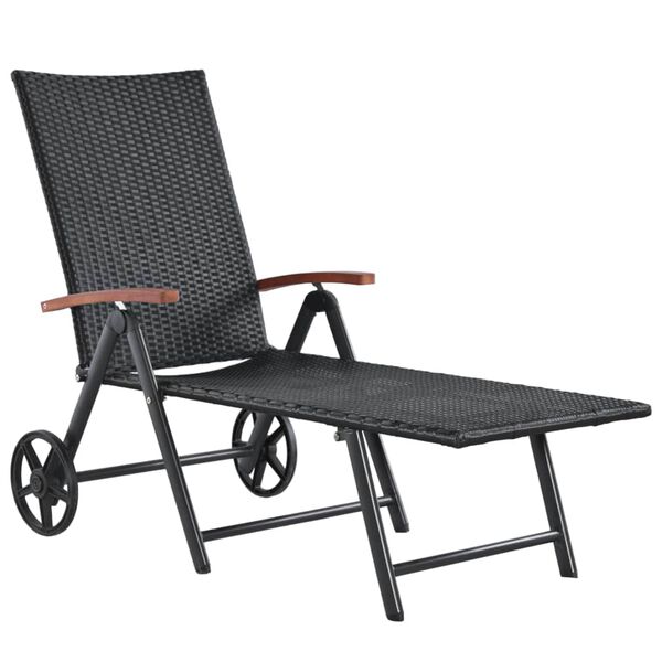 vidaXL Sun Lounger with Wheels Poly Rattan Black
