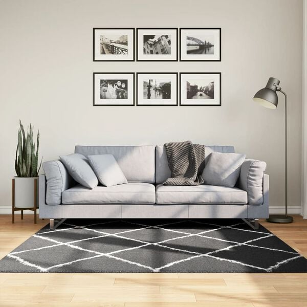 vidaXL Shaggy Rug PAMPLONA High Pile Modern Black and Cream 160x160 cm