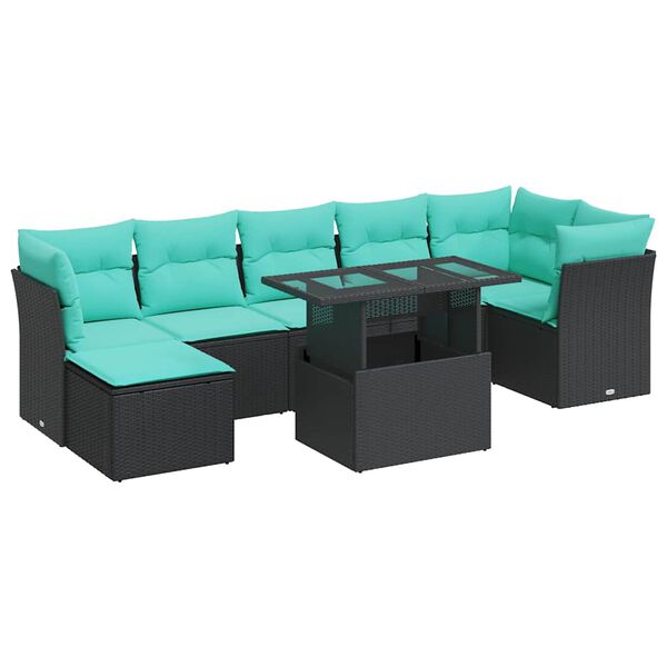 vidaXL 8 Piece Garden Sofa Set with Cushions Black Poly Rattan Acacia