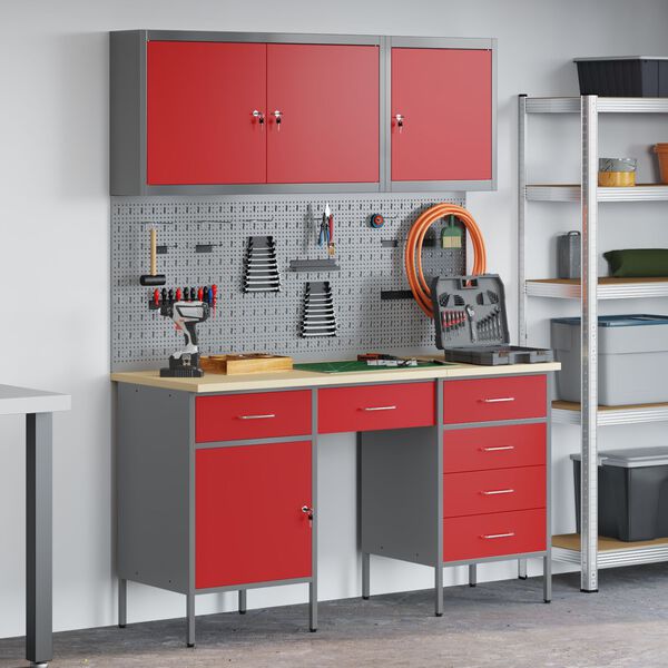 vidaXL Work Cabinet with Drawer with Lock 8 pcs Red 150 x 55 x 200 cm