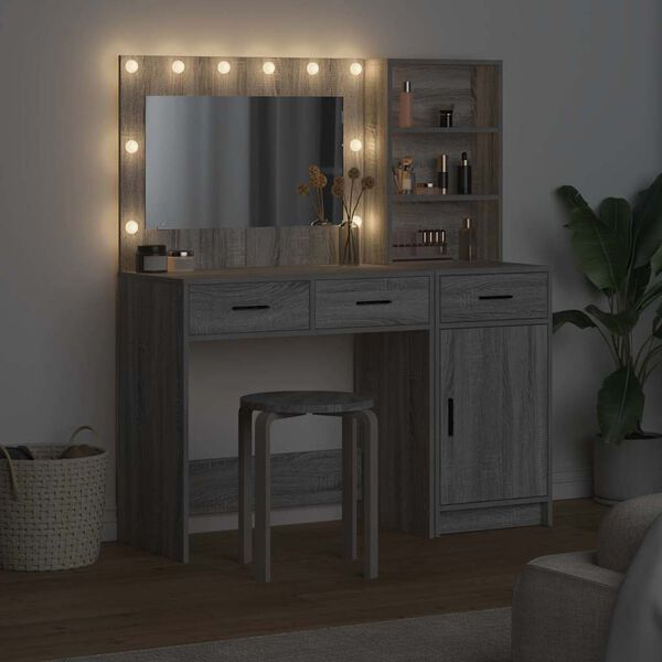 vidaXL Dressing Table with Mirror Lights 2 pcs Grey Engineered Wood