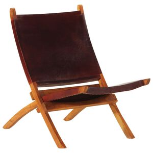 vidaXL Folding Chair Dark Brown Real Leather