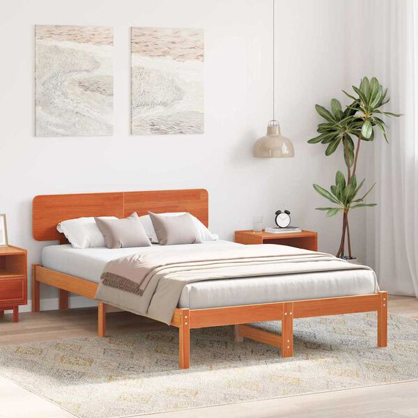 vidaXL Bed Frame with Headboard Wax Brown 140 x 190 cm Solid Pine Wood