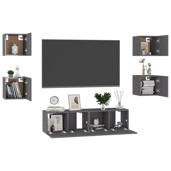 vidaXL 6 Piece TV Cabinet Set High Gloss Grey Engineered Wood
