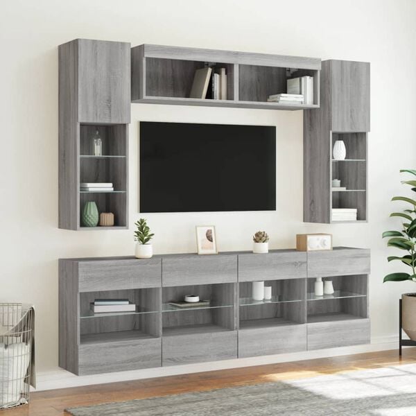 vidaXL 6 Piece TV Wall Cabinet Set with LED Lights Grey Sonoma