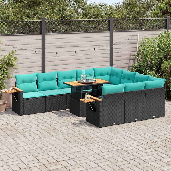 vidaXL 11 Piece Garden Sofa Set with Cushions Black Poly Rattan Acacia