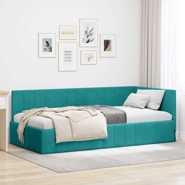 vidaXL Corner Bed Frame with Headboard Turquoise 90 cm x 200 cm Velvet