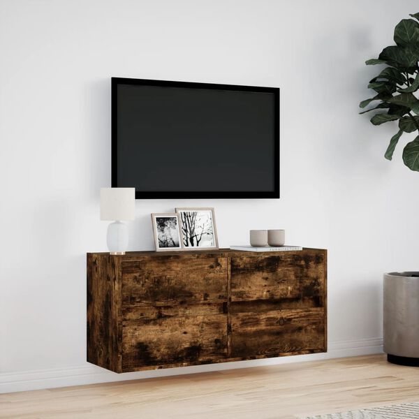 vidaXL TV Wall Cabinet with LED Lights Smoked Oak 100x31x45 cm