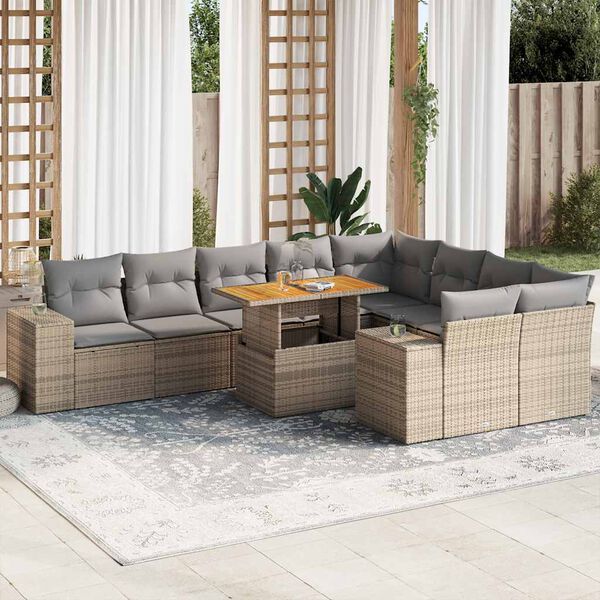 vidaXL 10 Piece Garden Sofa Set with Cushions Beige Poly Rattan Acacia