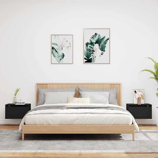 vidaXL Wall-mounted Bedside Cabinets with LED Lights 2 pcs Black