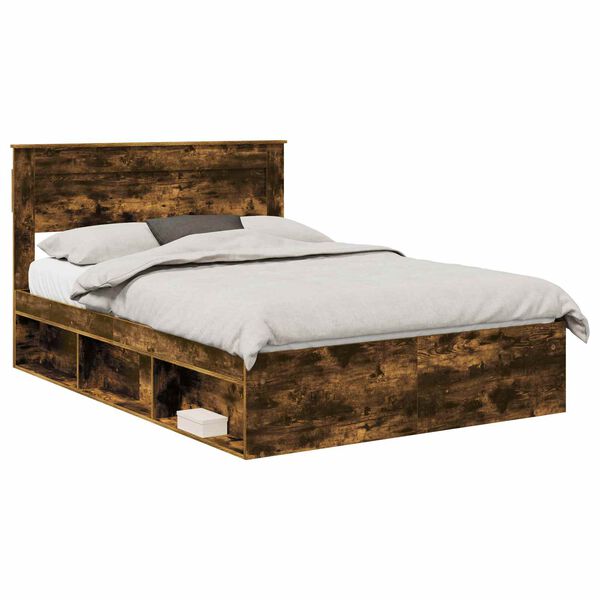 vidaXL Bed Frame with Mattress Smoked Oak 150 x 200 cm Solid Pine Wood