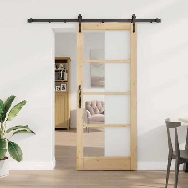 vidaXL Sliding Door Natural 83 x 202 cm Solid Pine Wood and Glass