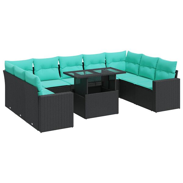 vidaXL 10 Piece Garden Sofa Set with Cushions Black Poly Rattan Acacia