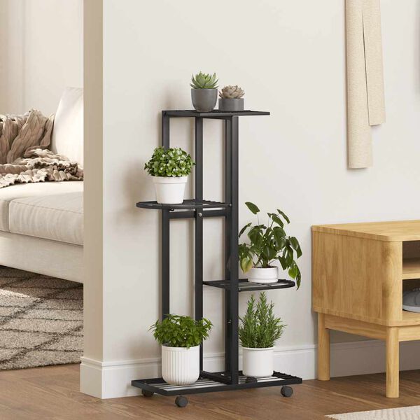 vidaXL 4-Floor Flower Stand with Wheels 44x23x80 cm Black Iron