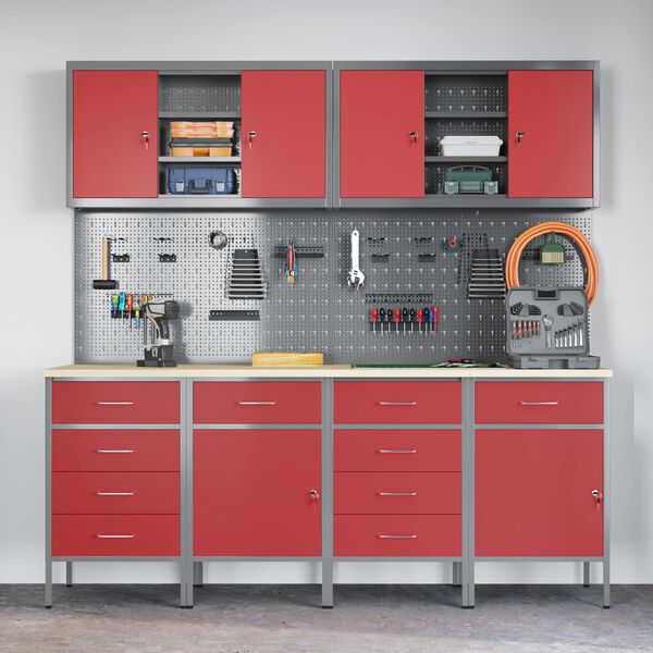 vidaXL Work Cabinet with Drawer 10 pcs Red Engineered Wood and Steel