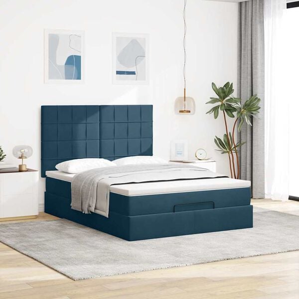 vidaXL Ottoman Bed with Mattresses Dark Blue 140x200cm Velvet