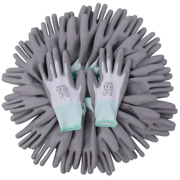 vidaXL Work Gloves PU 24 Pairs White and Grey Size 8/M