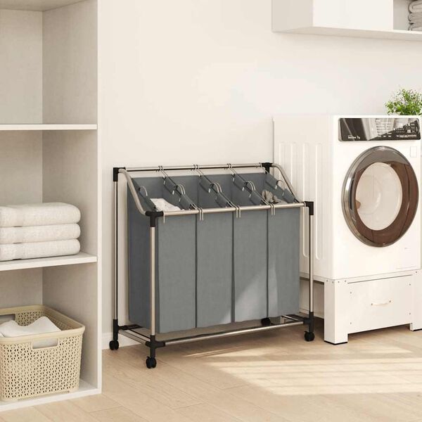 vidaXL Laundry Basket with Wheels 4 Compartments Grey