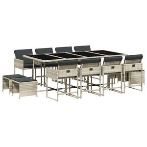 vidaXL 13 Piece Garden Dining Set with Cushions Light Grey Poly Rattan