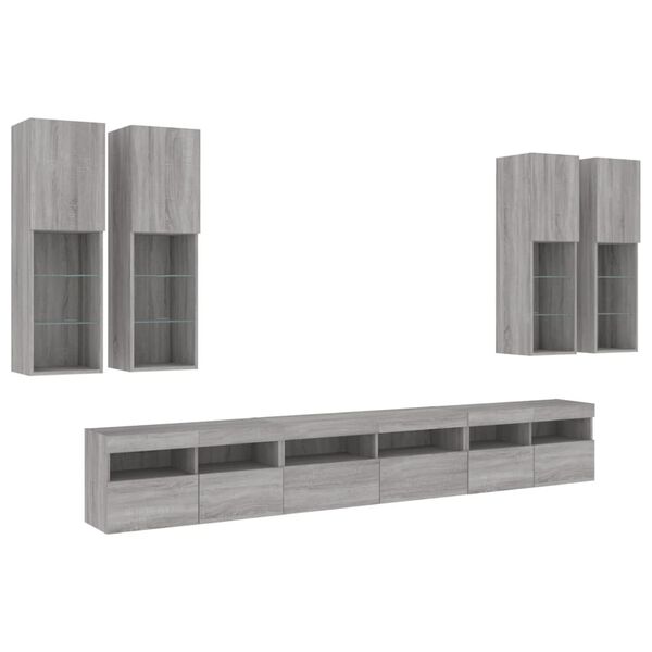 vidaXL 7 Piece TV Wall Cabinet Set with LED Lights Grey Sonoma